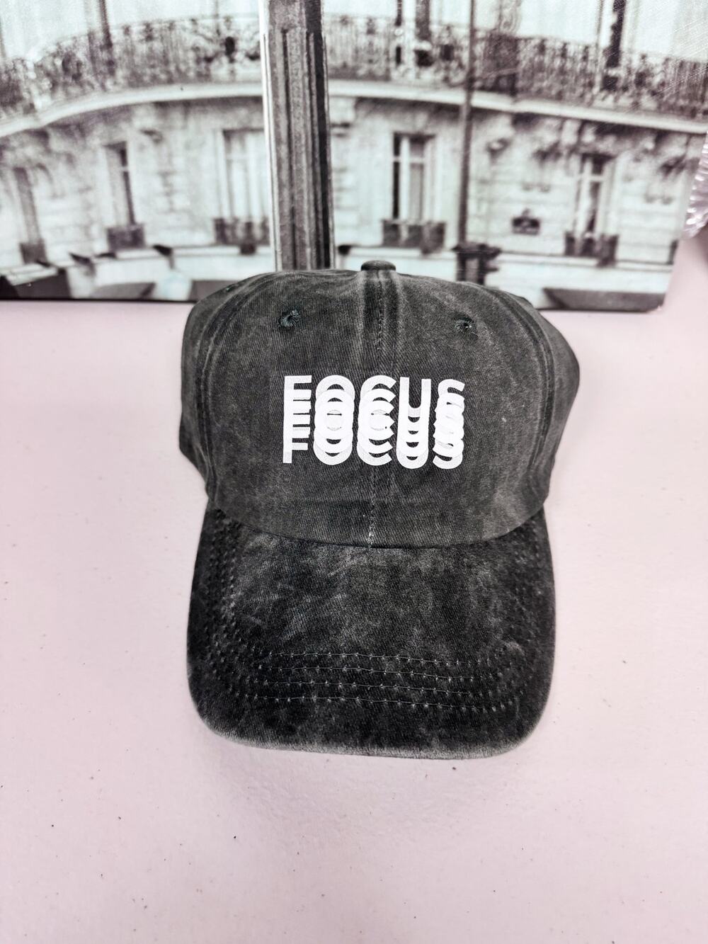Vintage Washed Black FOCUS Graphic Cap, Distressed Cotton Dad Hat